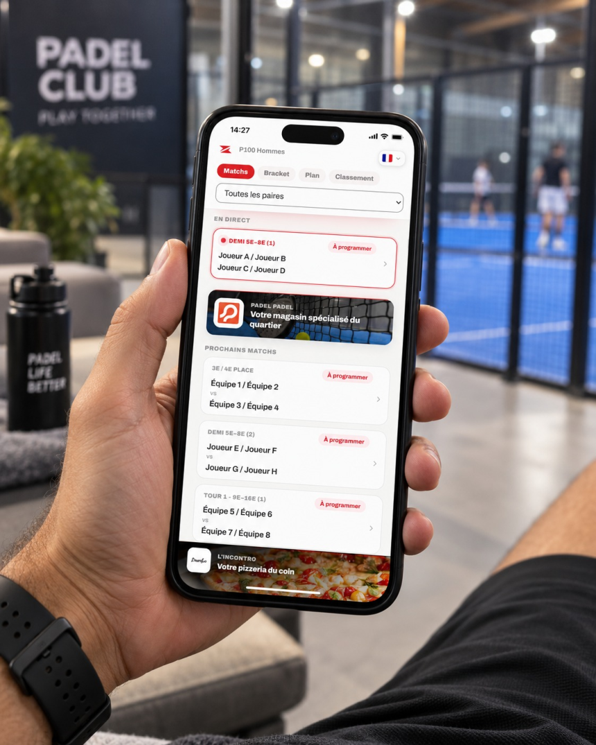 Page publique du tournoi sur mobile, avec les bannières des partenaires du club entre les matchs